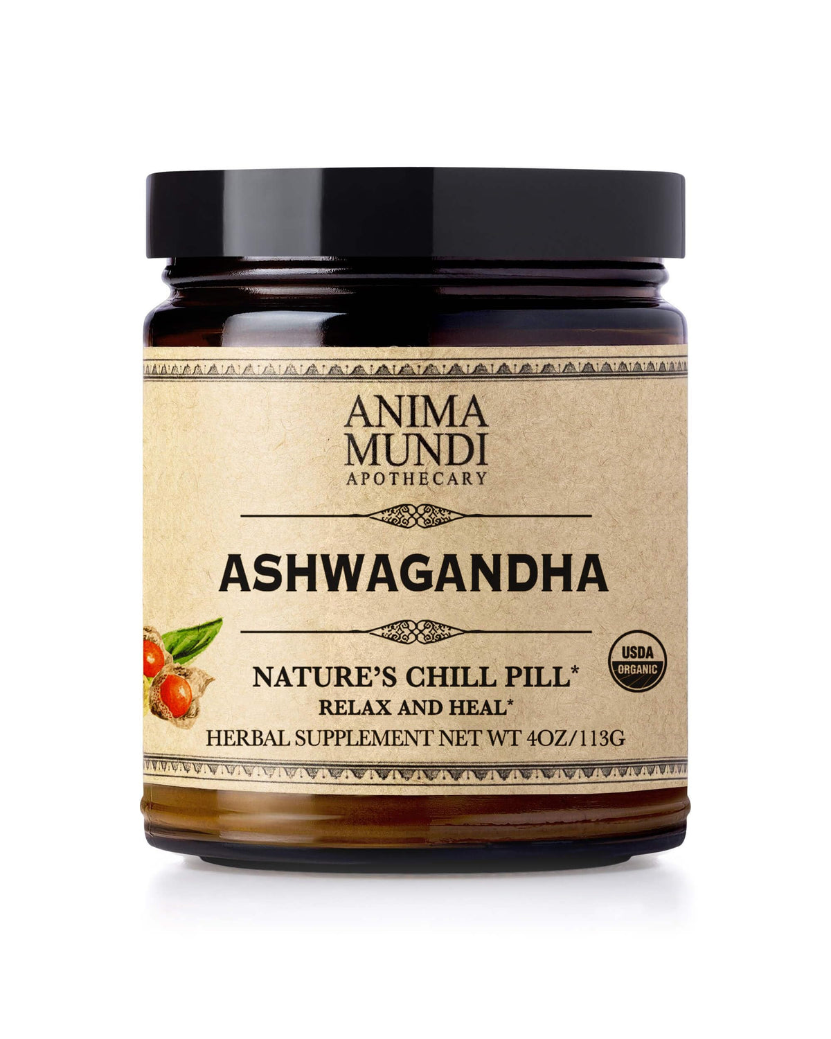 Anima Mundi Ashwagandha powder bottle close-up for calming daily rituals