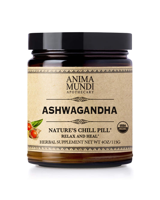 Anima Mundi Ashwagandha powder bottle close-up for calming daily rituals