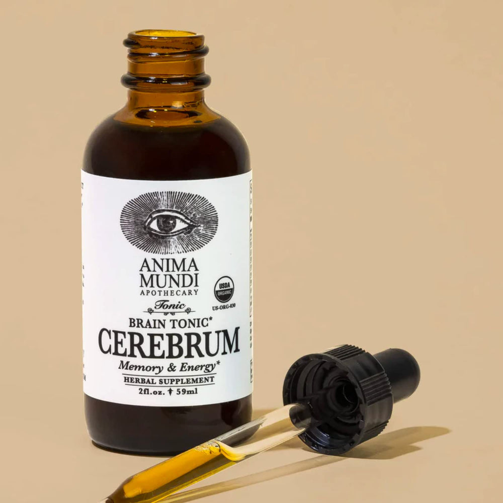 Anima Mundi Cerebrum label closeup highlighting premium herbs for cognitive clarity.