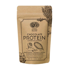 Anima Mundi Apothecary chocolate protein powder bag for creamy smoothies.