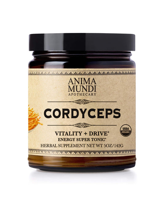 Anima Mundi Cordyceps powder bottle ready to blend into smoothies for energy