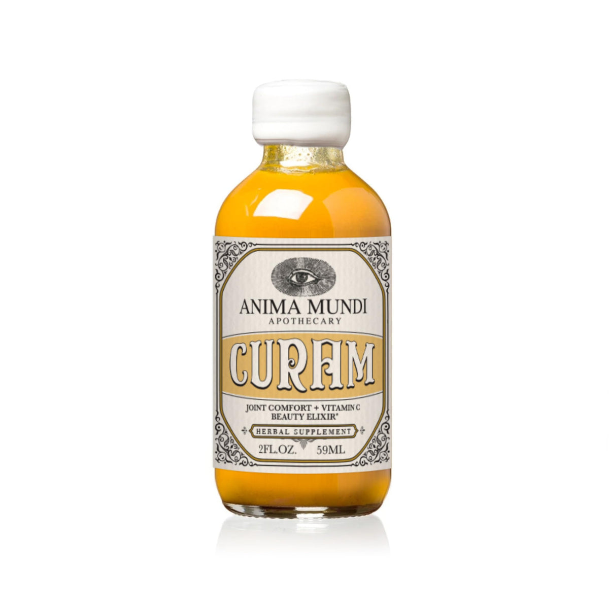 Anima Mundi Curam elixir bottle shows turmeric blend for antioxidant support.