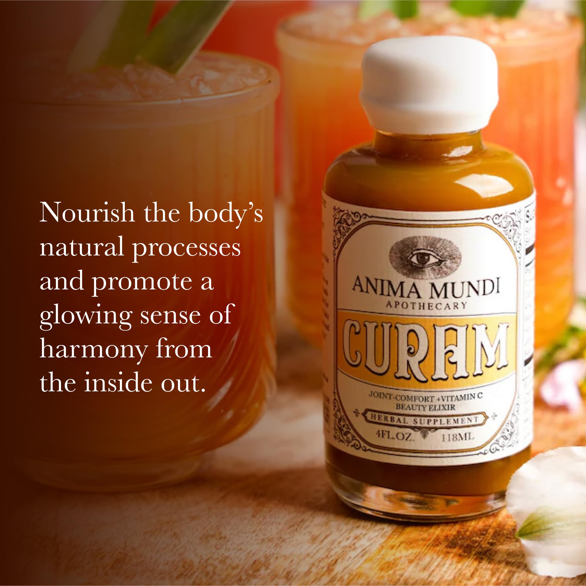 Anima Mundi Curam elixir ingredients label highlighting turmeric and camu camu