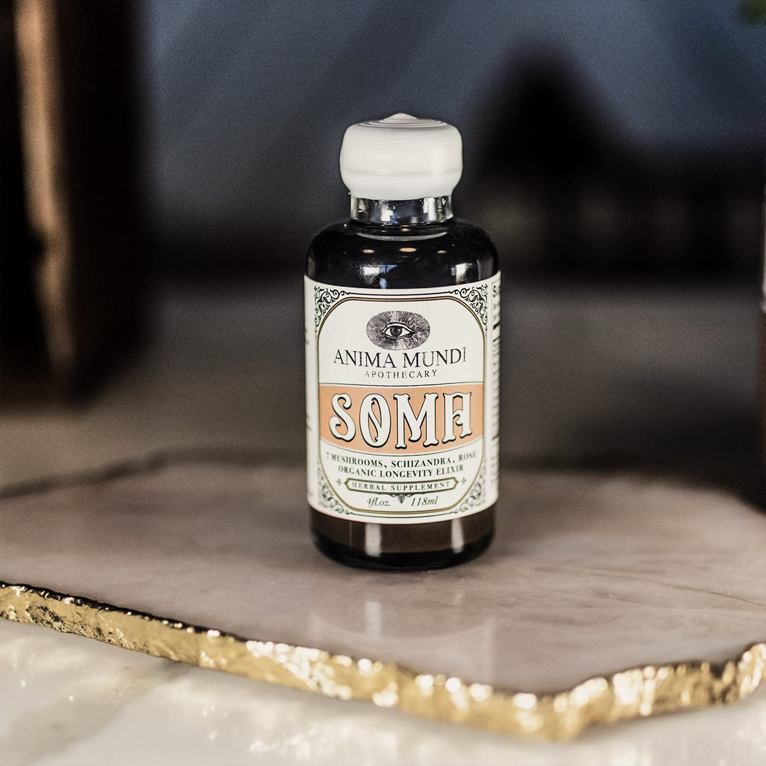Anima Mundi Soma label detail showing organic mushroom blend and vegan formulation.