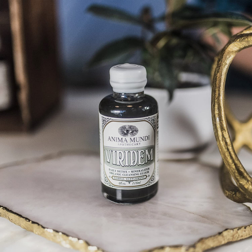 Viridem Detox Elixir label highlights organic, vegan, and fair trade features.