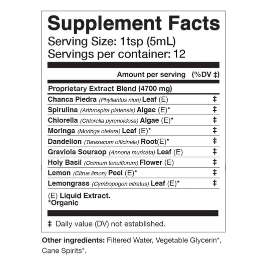 Viridem Greens Detox Elixir being poured into a glass for easy juice or tea.