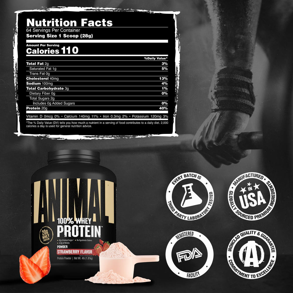 Animal 100% Whey strawberry ingredients with BCAAs supporting muscle repair.