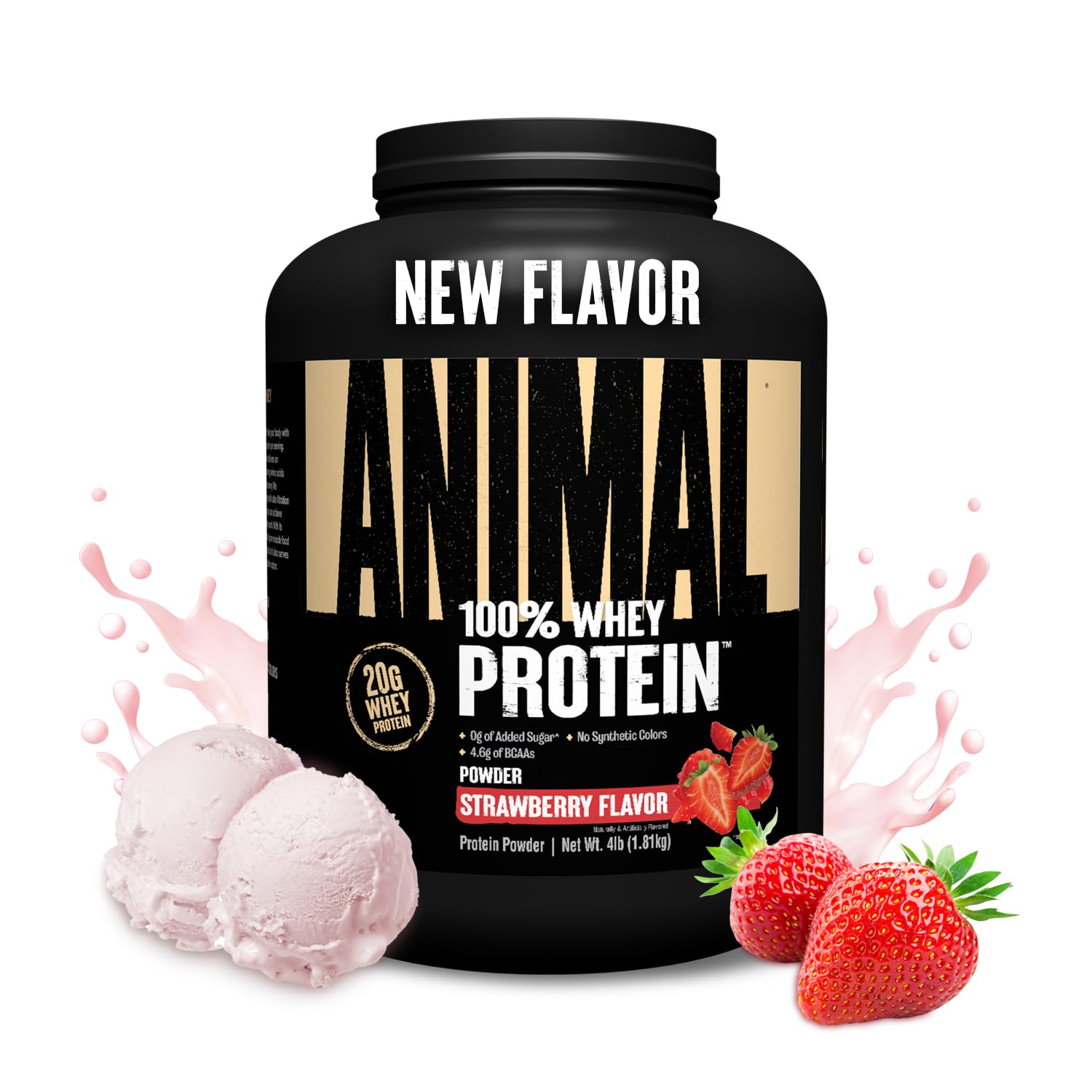 Animal 100% Whey strawberry powder bag showing a convenient protein source for workouts.