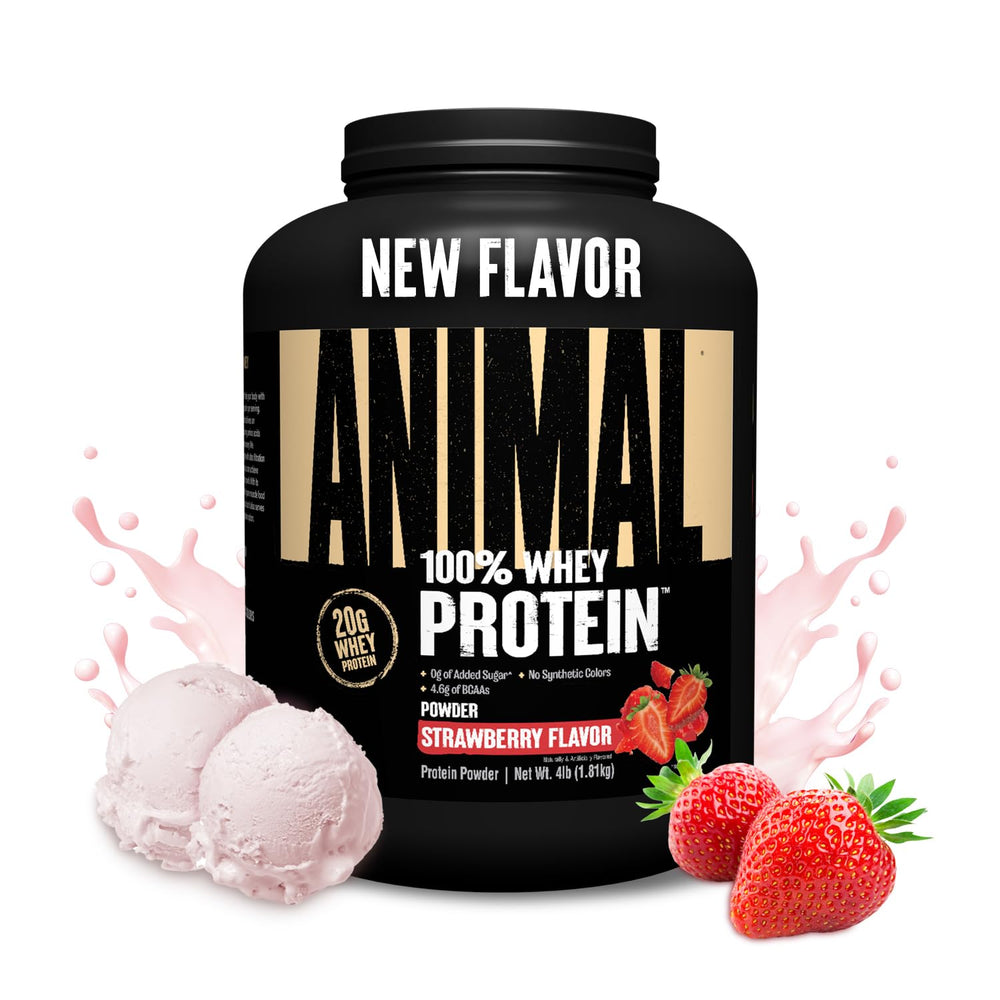 Animal 100% Whey strawberry powder bag showing a convenient protein source for workouts.