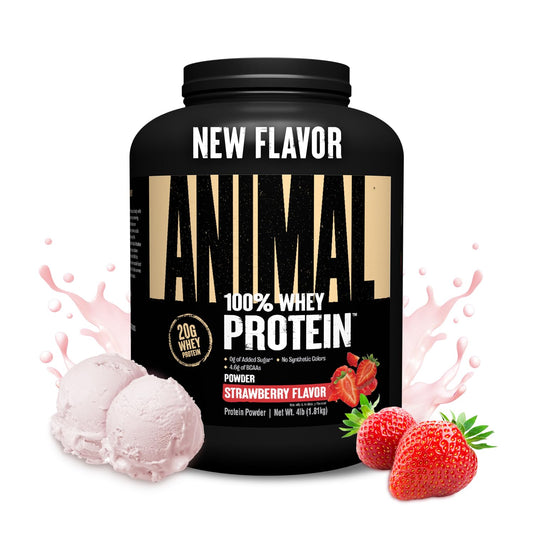 Animal 100% Whey strawberry powder bag showing a convenient protein source for workouts.