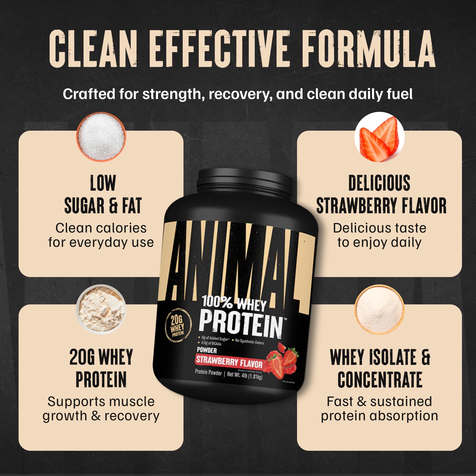 Animal 100% Whey strawberry powder being mixed in water for on-the-go protein boost.