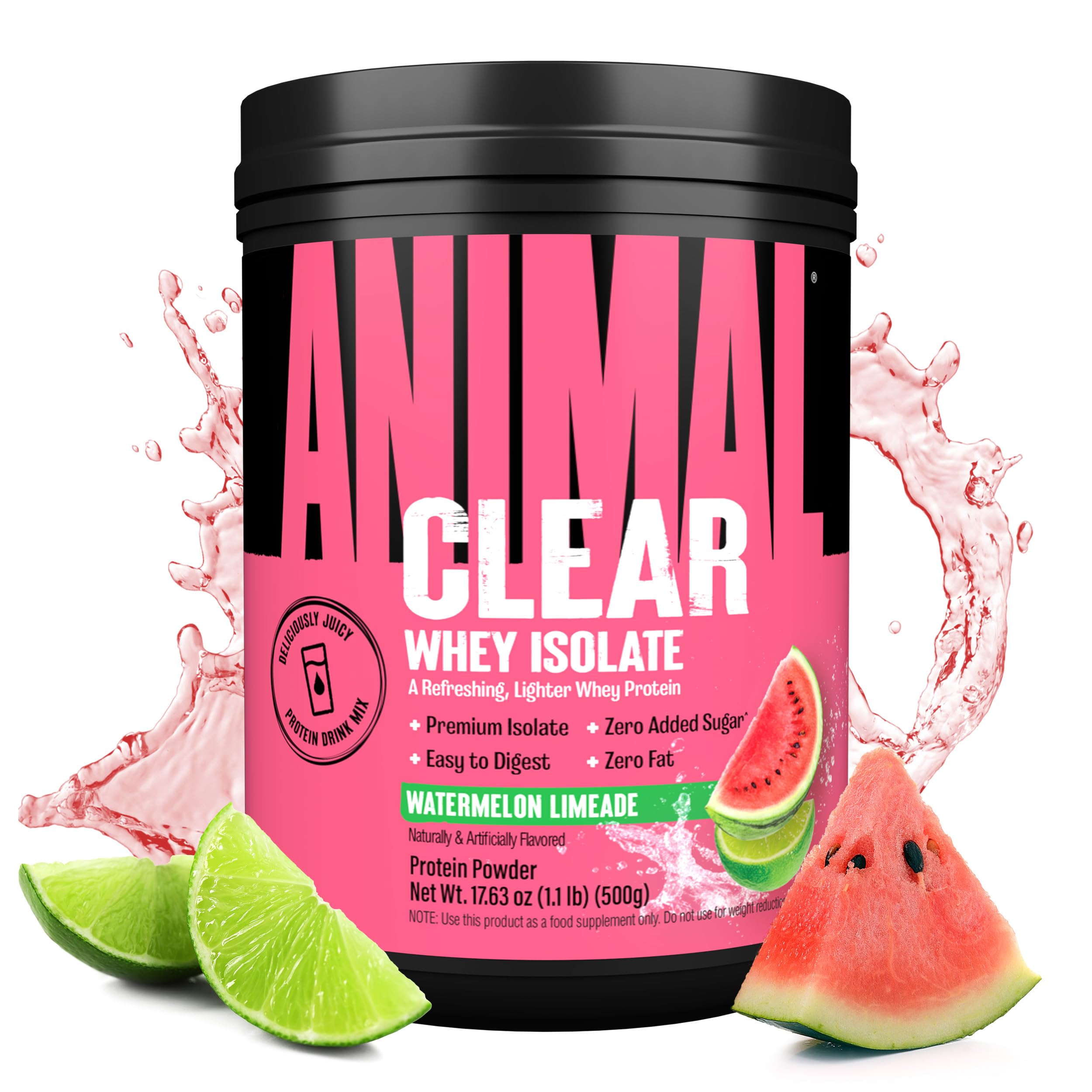 Animal Clear Whey Isolate Watermelon Limeade bottle showcases refreshing flavor and easy mixing