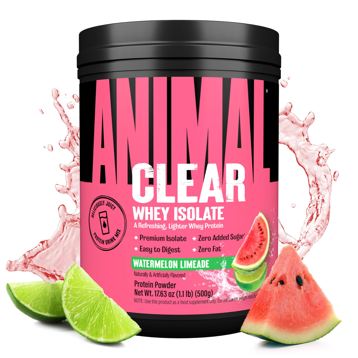 Animal Clear Whey Isolate Watermelon Limeade bottle showcases refreshing flavor and easy mixing