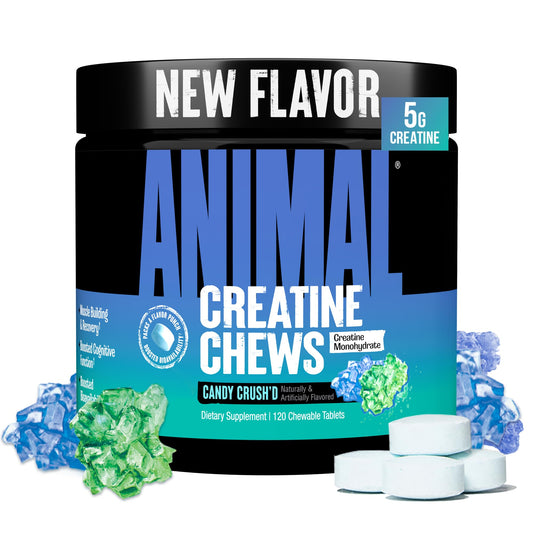 Animal Creatine Chews lemon flavor tub showing convenient pre- and post-workout use.