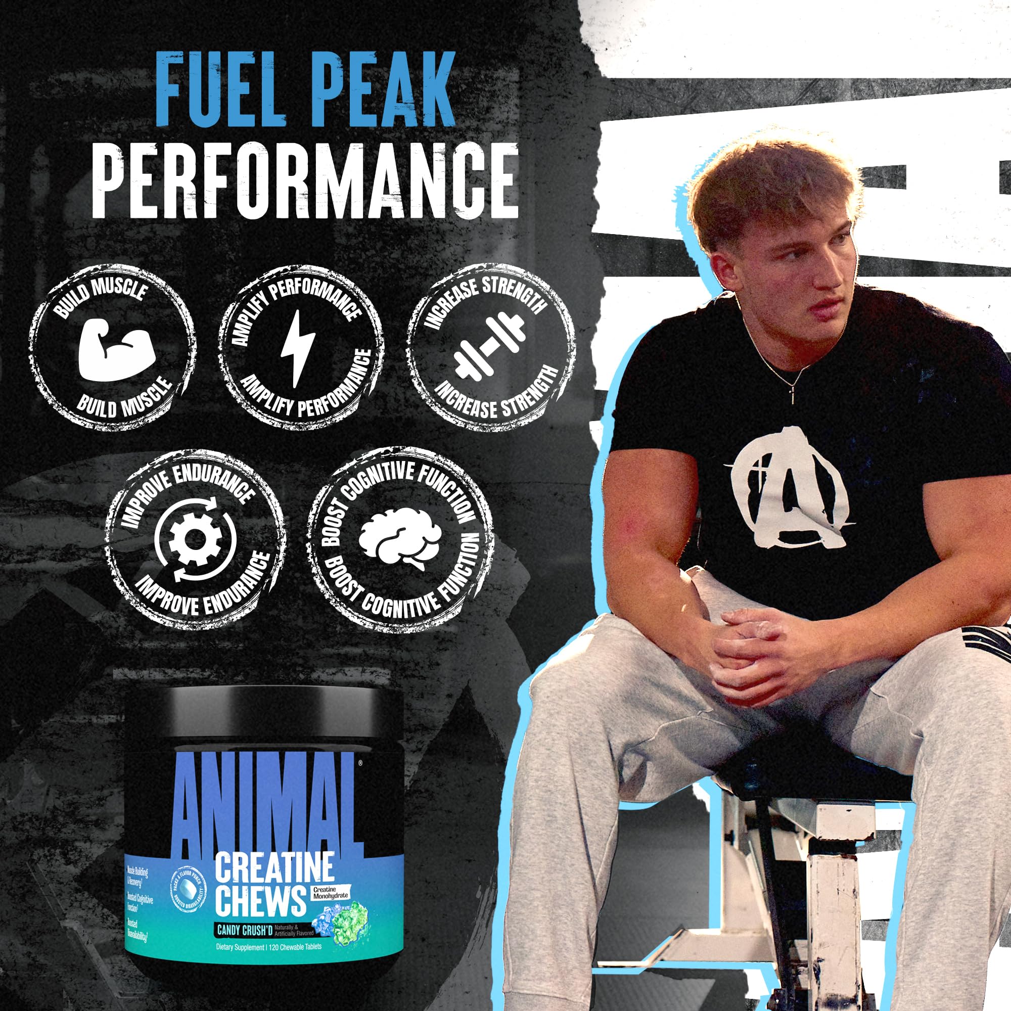 Athlete chewing Animal Creatine Chews before workout for quick energy.