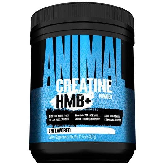 Animal Creatine HMB Powder bottle with unflavored formula for daily energy.