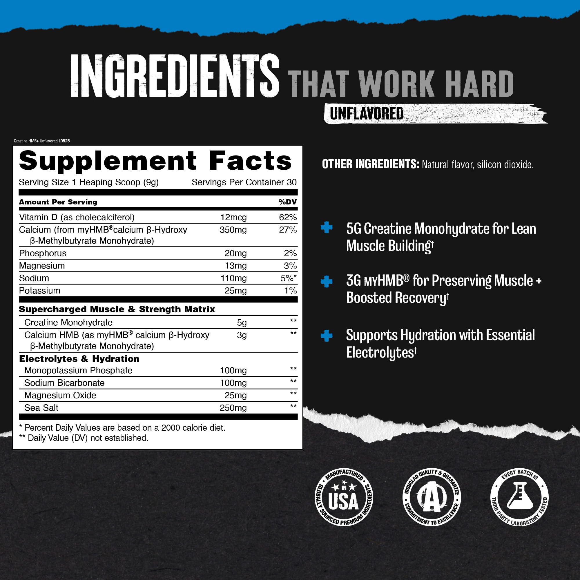 Animal Creatine HMB Powder electrolytes hint at workout hydration benefits.