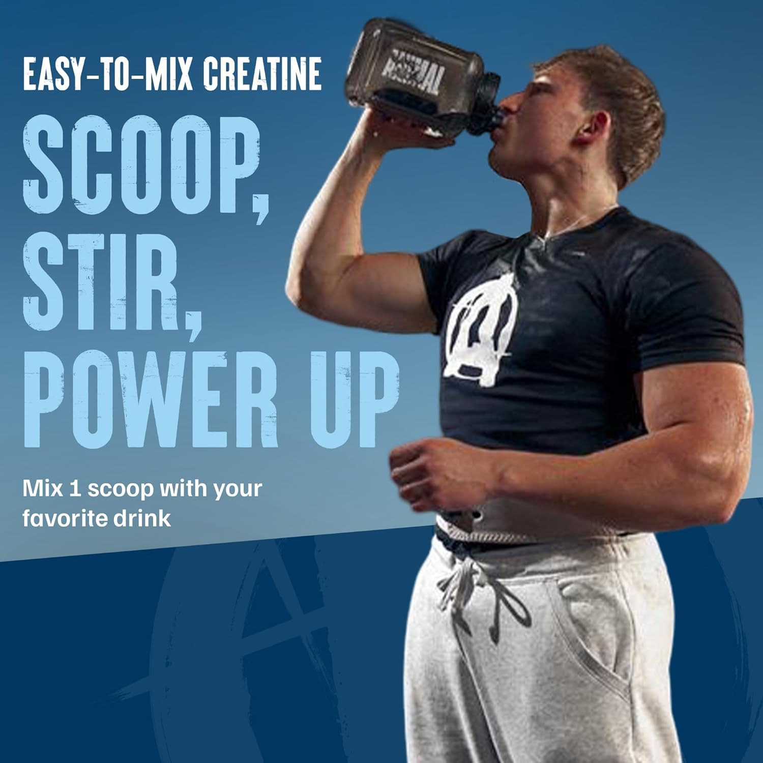 Animal Creatine HMB Powder glass shaker ready for post-workout mixing.