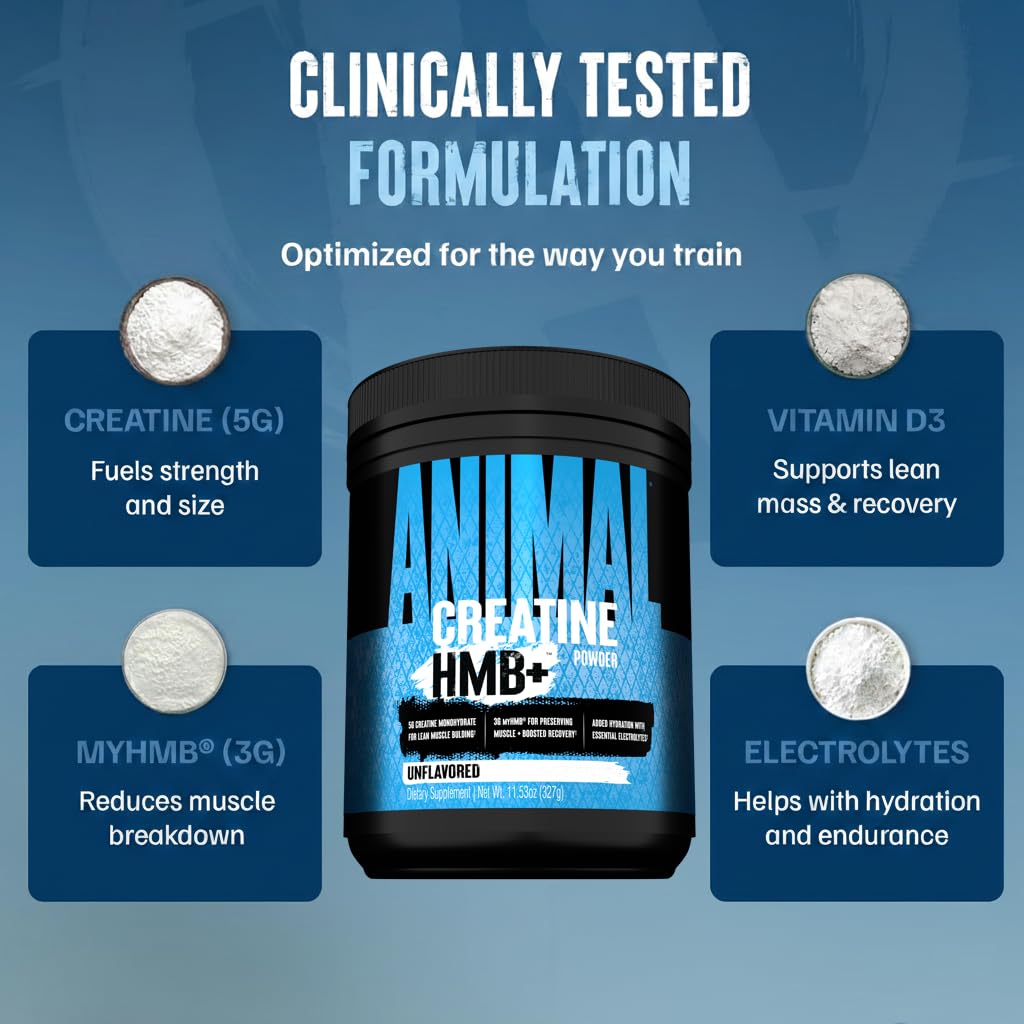Animal Creatine HMB Powder label closeup highlights electrolytes and vitamin D.