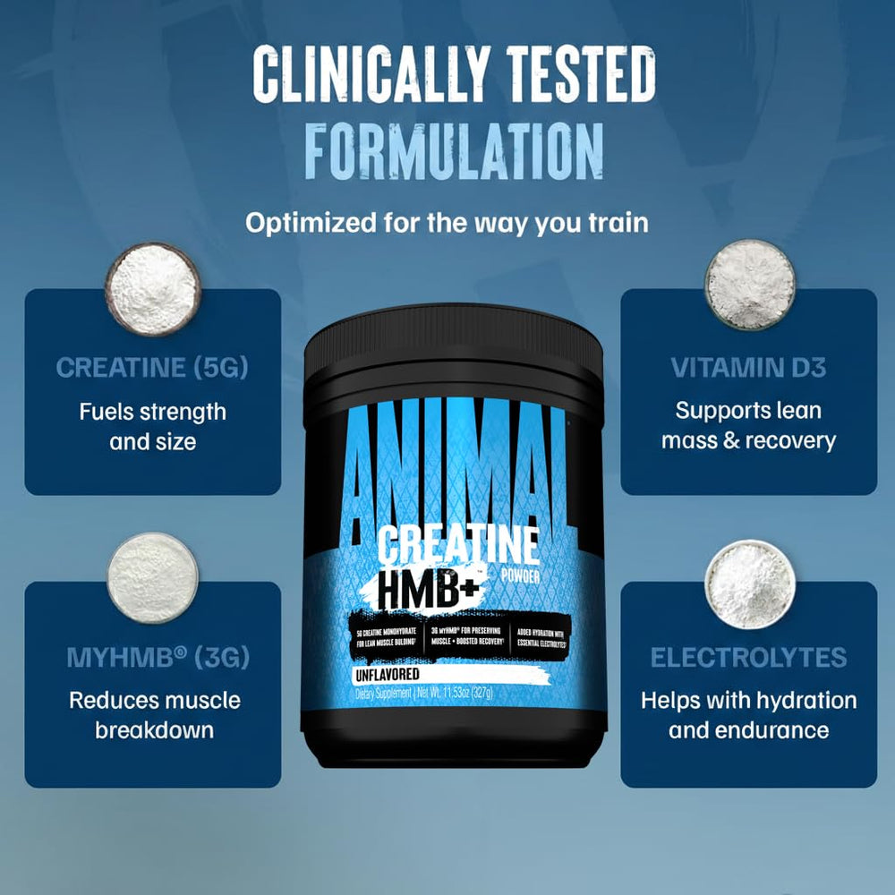 Animal Creatine HMB Powder label closeup highlights electrolytes and vitamin D.