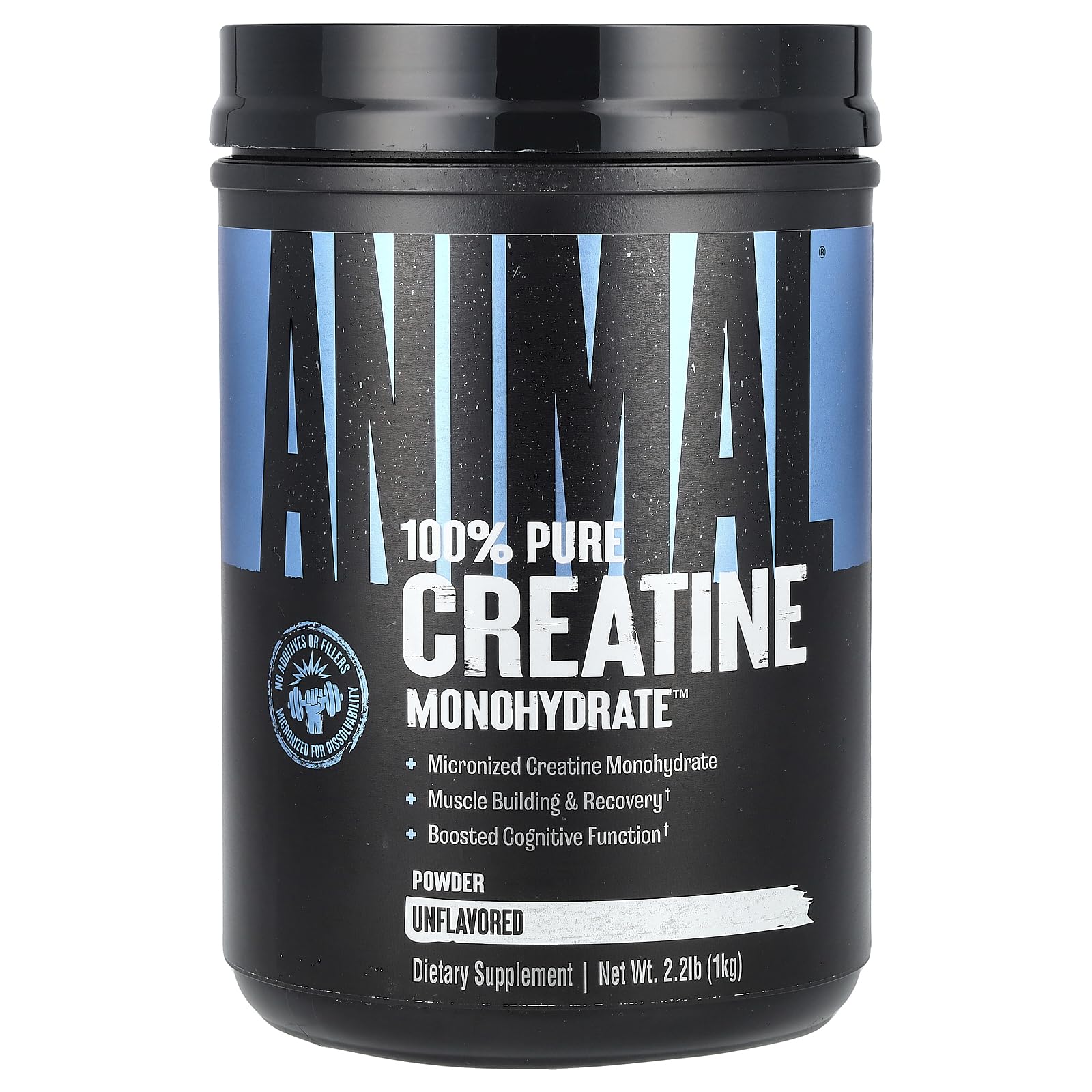 Animal Creatine Micronized powder jar, unflavored, ready for workouts.