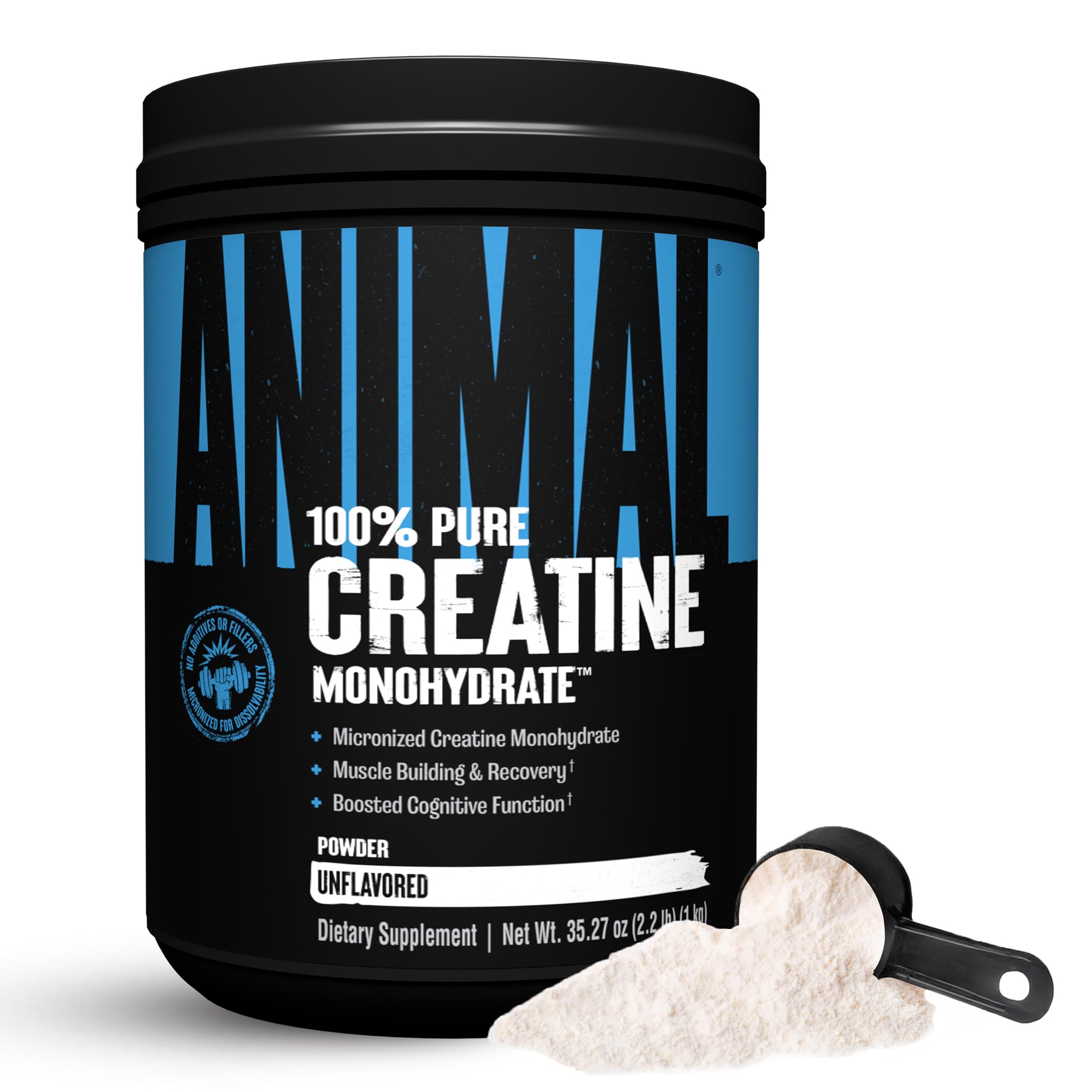 Animal Creatine Monohydrate powder tub ready for strength and endurance workouts.