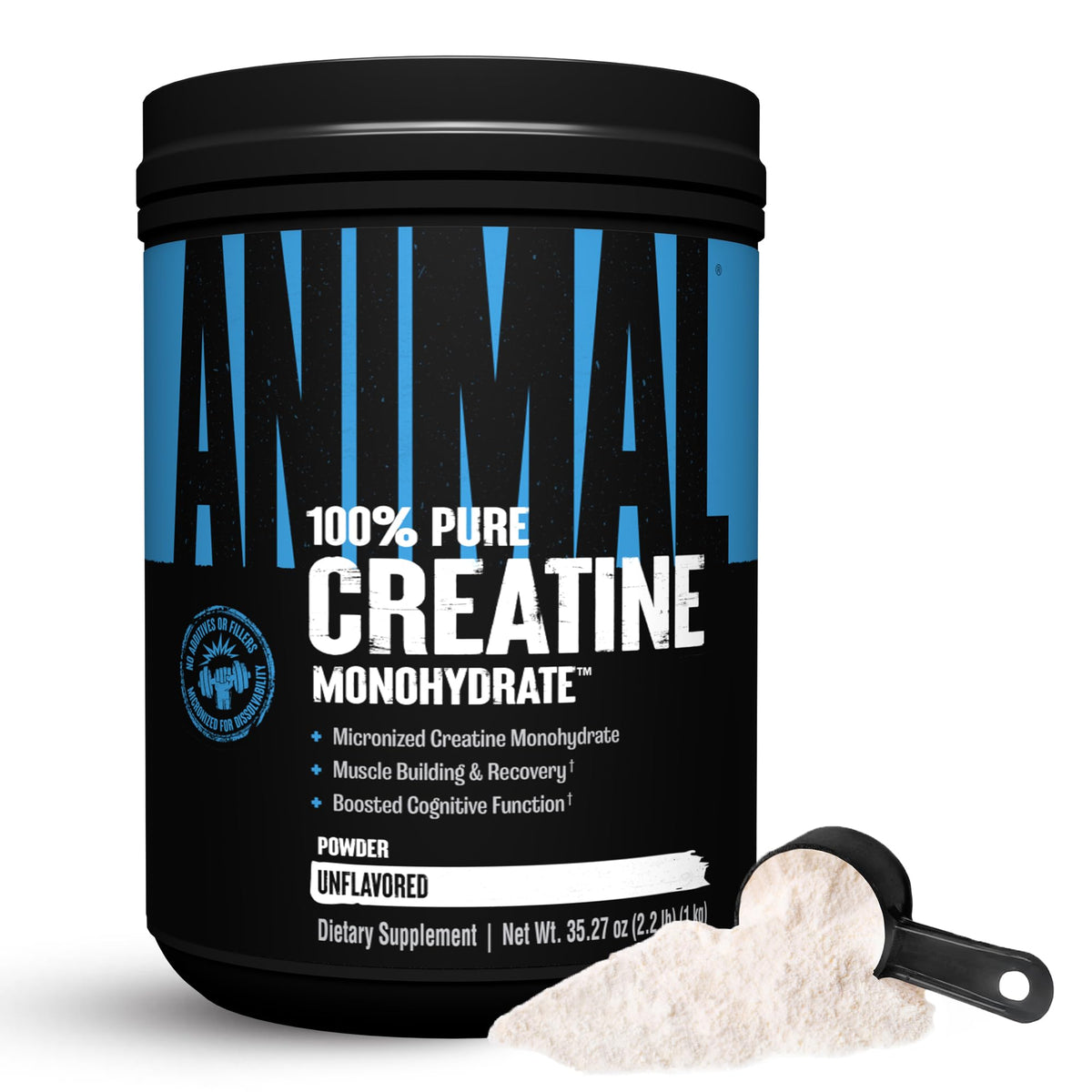Animal Creatine Monohydrate powder tub ready for strength and endurance workouts.
