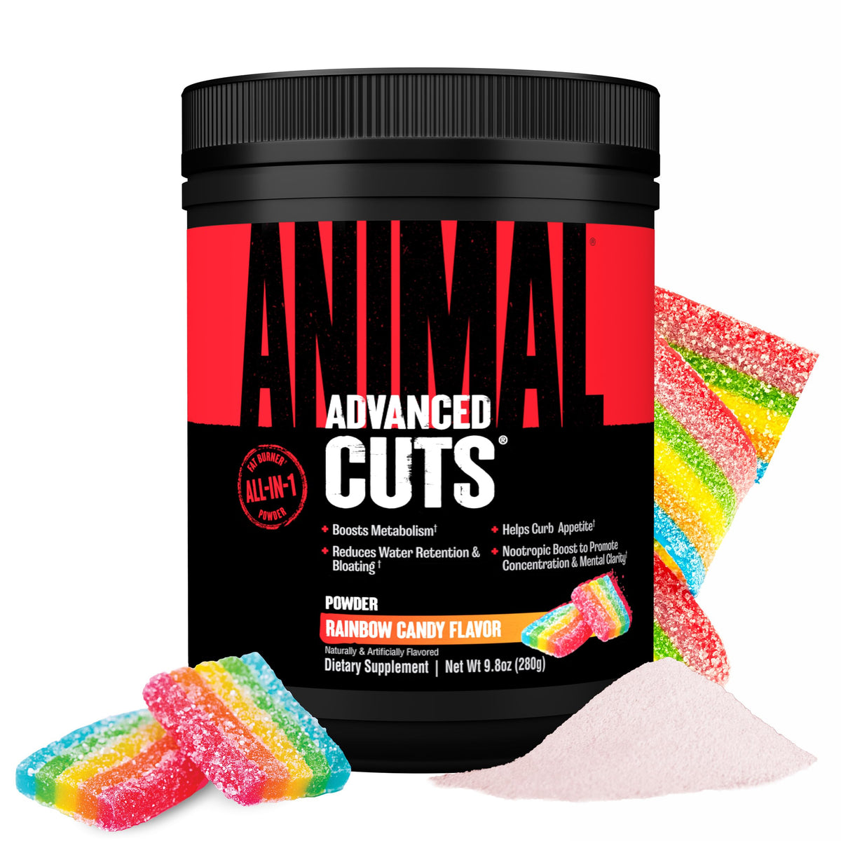 Animal Cuts Rainbow Candy bottle front highlighting metabolism support and energy benefits.