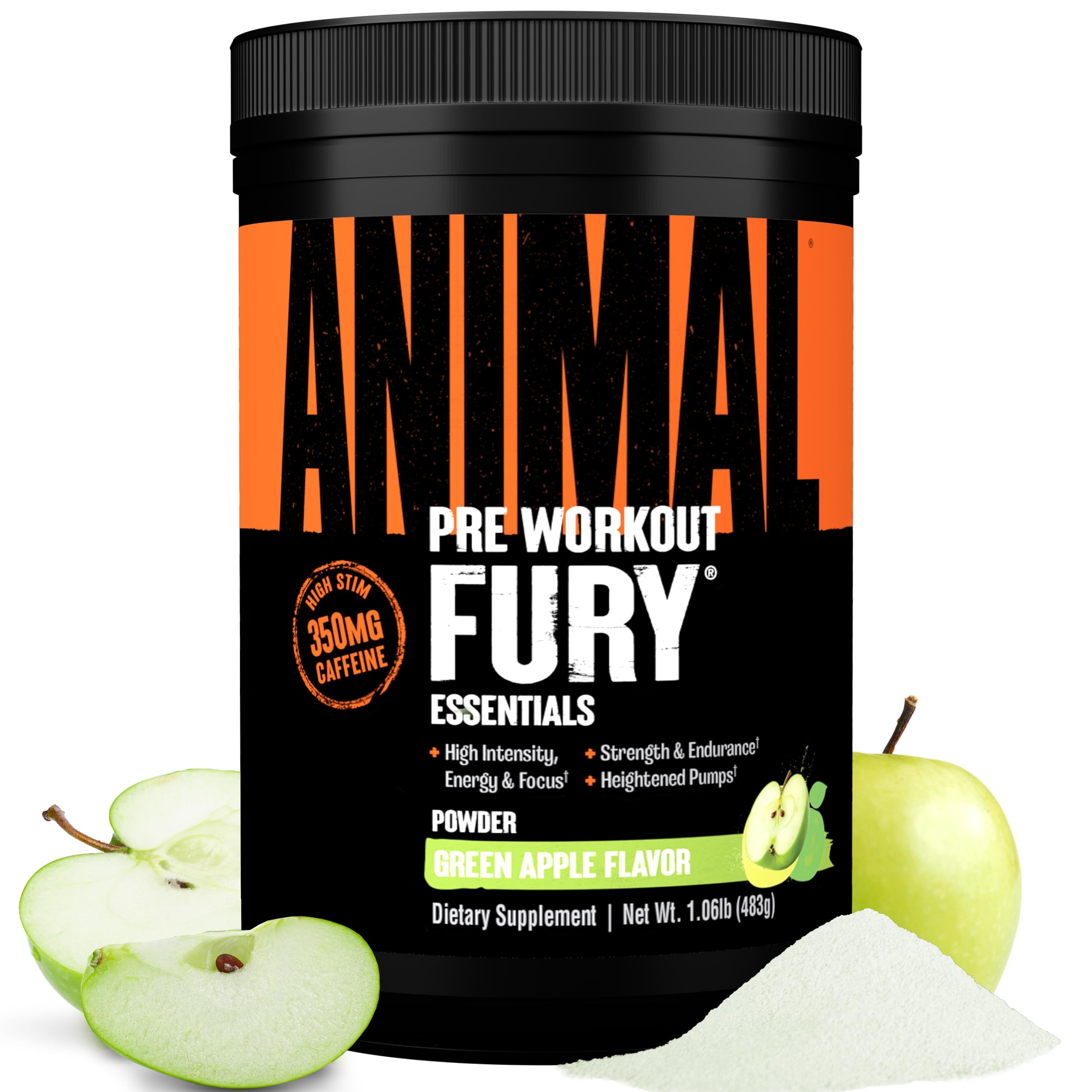 Animal Fury pre-workout Green Apple tub with powder boosts energy for intense training.