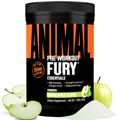 Animal Fury pre-workout Green Apple tub with powder boosts energy for intense training.