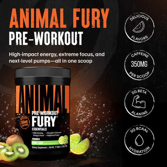 Animal Fury scoop beside bottle for precise pre-workout dosing.