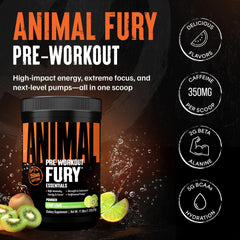 Animal Fury scoop beside bottle for precise pre-workout dosing.