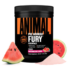 Animal Fury Watermelon pre-workout powder canister showing bold flavor and energy potential.