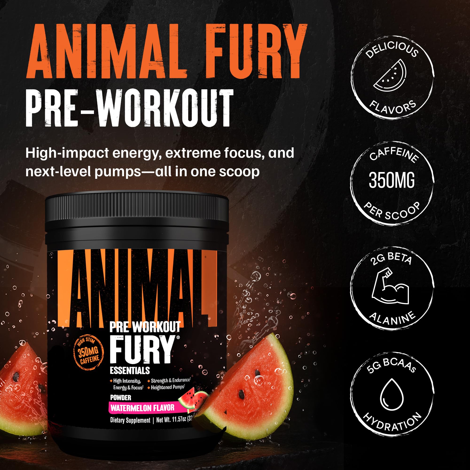 Animal Fury Watermelon pre-workout scoop dispensing powder before training.