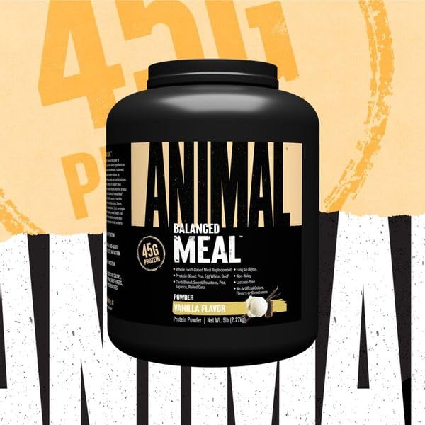 Animal Meal protein blend close-up with scoop shows 46g protein per serving.