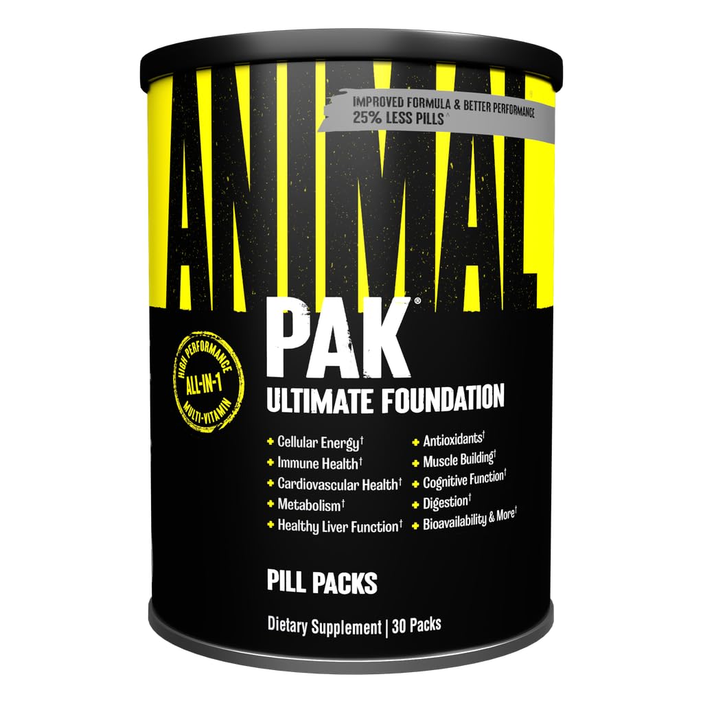 Animal Pak daily pack bottle shows convenient, all-in-one vitamins for daily energy support.