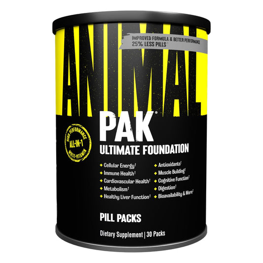 Animal Pak daily pack bottle shows convenient, all-in-one vitamins for daily energy support.