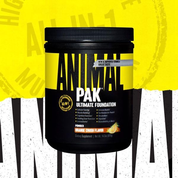 Close-up of Animal Pak label highlighting vitamins for overall wellness.