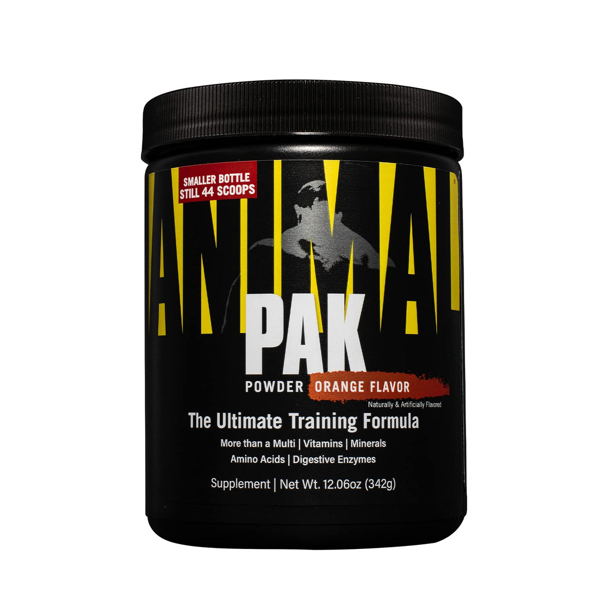 Animal Pak orange crushed tub for daily athletic nutrition.