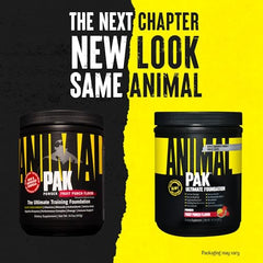 Animal Pak powder being poured for convenient daily use and energy support.