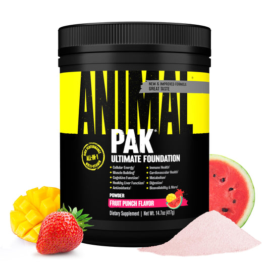 Animal Pak tub and scoop showing complete daily nutrition for athletes.