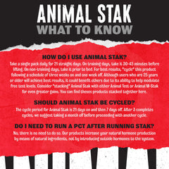 Animal Stak supplement scoop beside bottle for precise daily dosing.