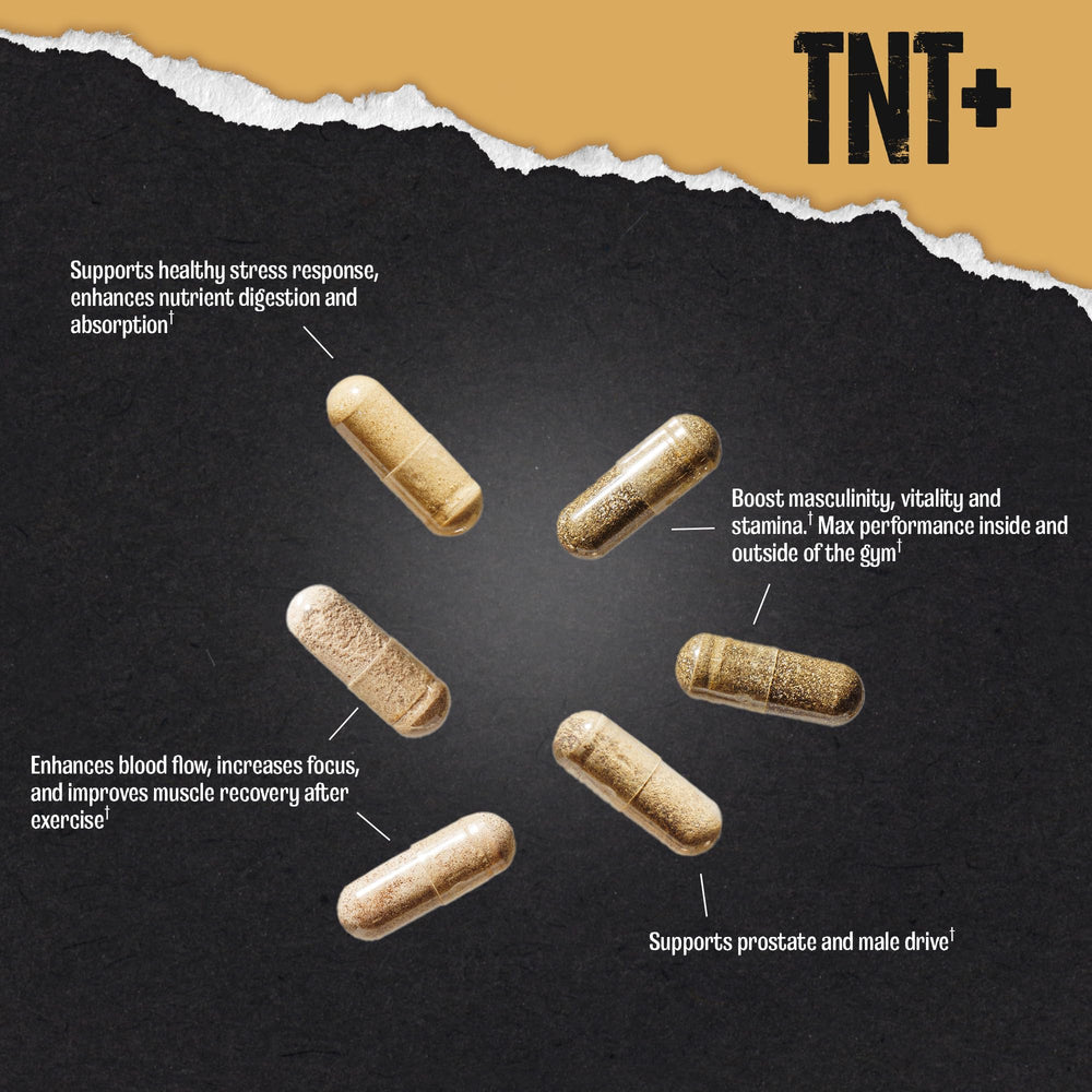 Close-up of Animal TNT+ capsules highlighting vitality and performance benefits.