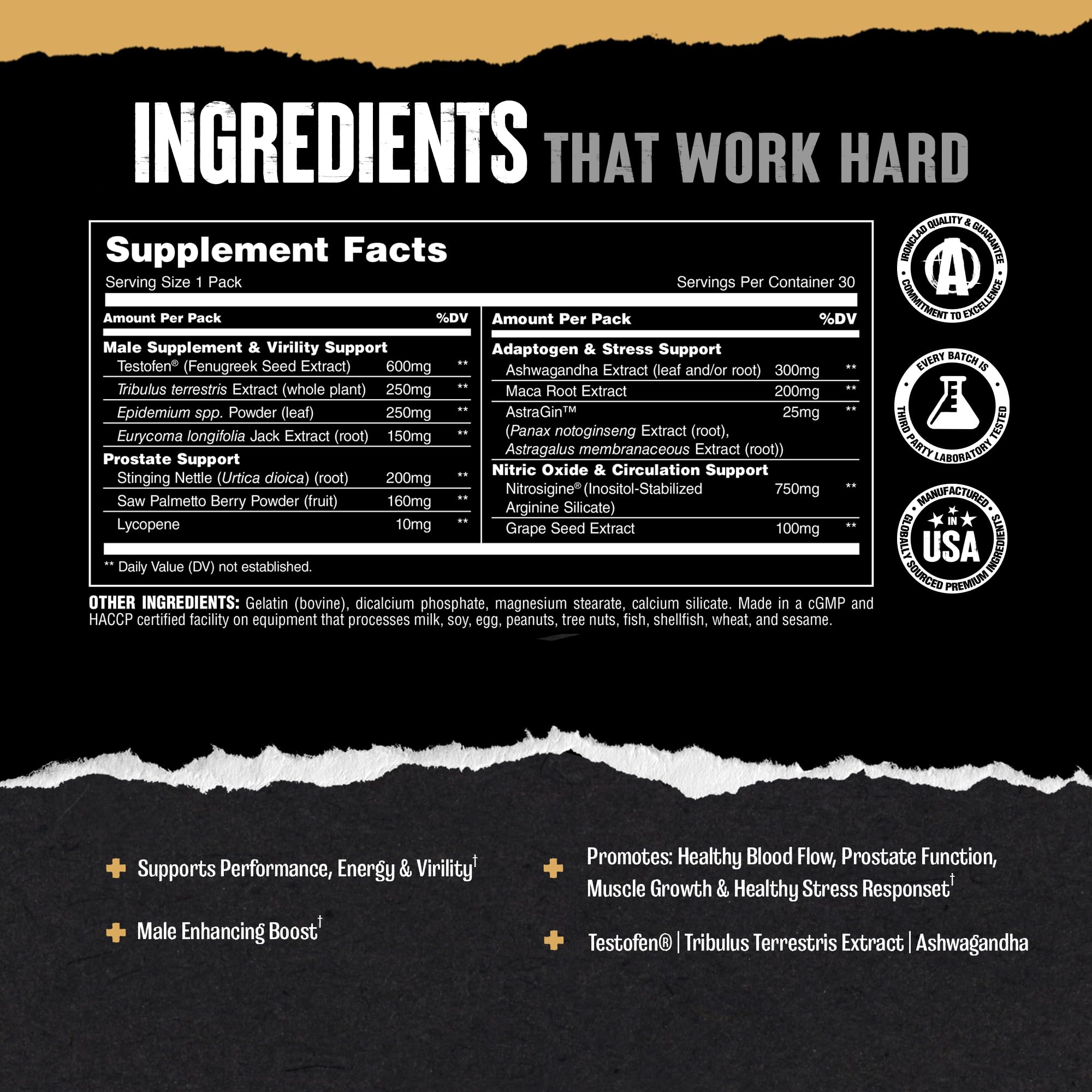 Label detail of Animal TNT+ emphasizing GMP quality and third-party testing.