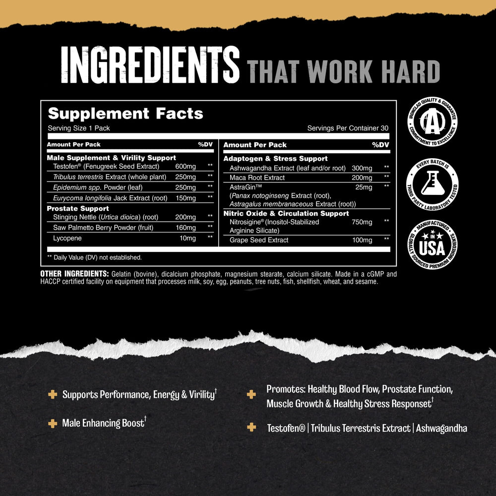 Label detail of Animal TNT+ emphasizing GMP quality and third-party testing.