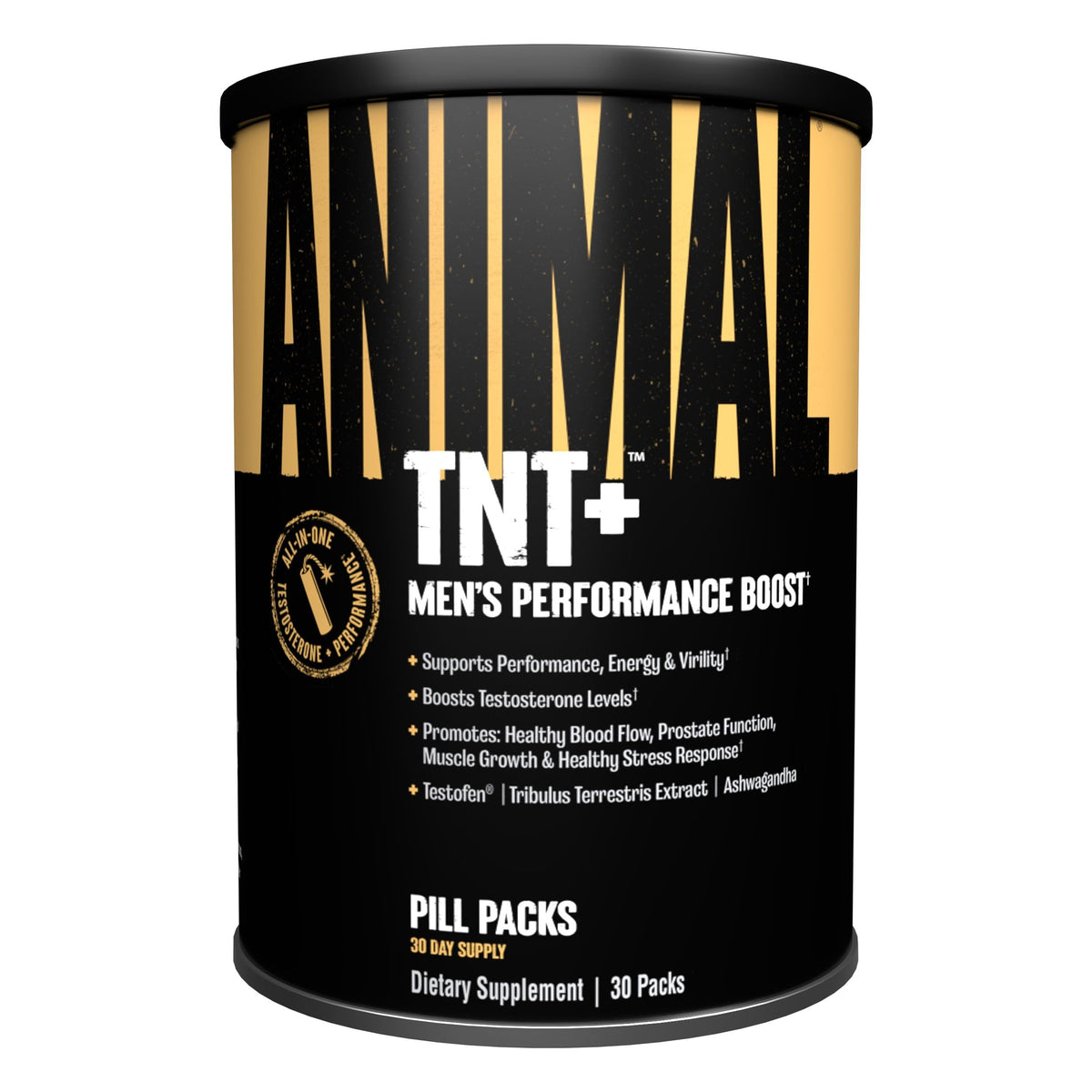 Animal TNT+ bottle emphasizing testosterone-boost for enhanced performance.