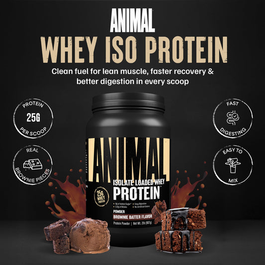 Animal Whey Isolate brownie batter tub — rich flavor and quick mix for shakes.