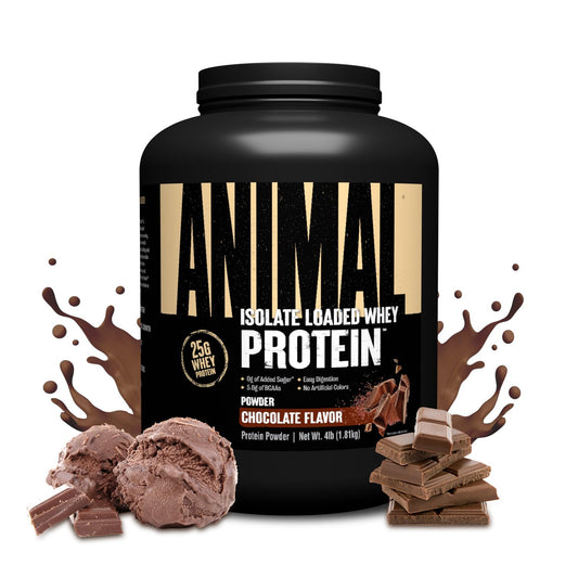 Animal Whey Isolate chocolate container — supports workouts and recovery with 25g protein per scoop