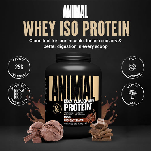 Animal Whey Isolate chocolate scoop — convenient daily protein for pre-workout fueling