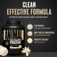 Animal Whey Isolate label highlights the enzyme blend for digestion.
